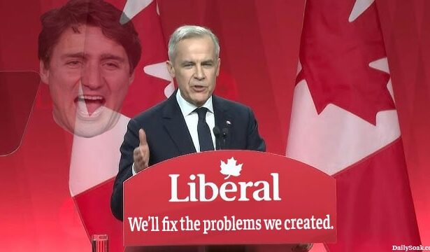 Canada Liberal Party's Mark Carney and Justin Trudeau on stage.