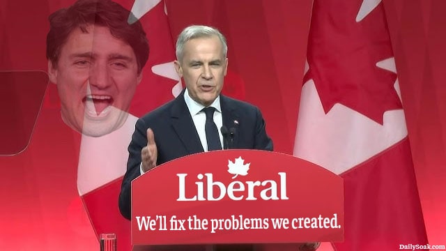 Canada Liberal Party's Mark Carney and Justin Trudeau on stage.