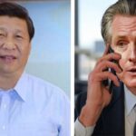 Gavin Newsom talking on the phone to his boss China President Xi Jinping.
