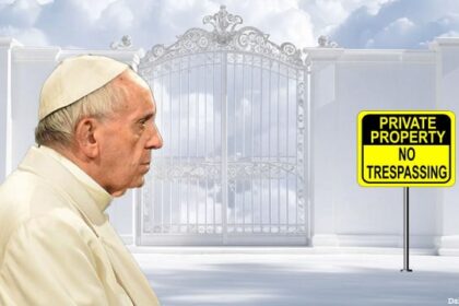 Pope Francis standing in front of Heaven's pearly gates and wall.