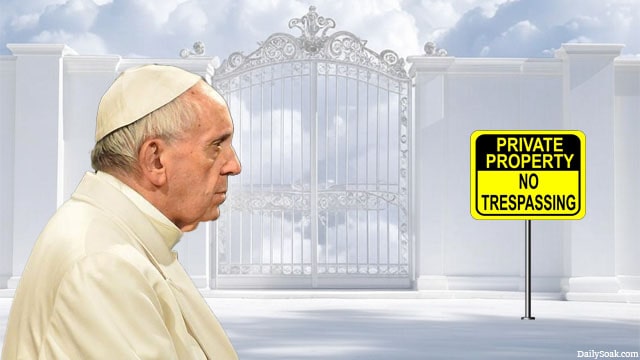 Pope Francis standing in front of Heaven's pearly gates and wall.