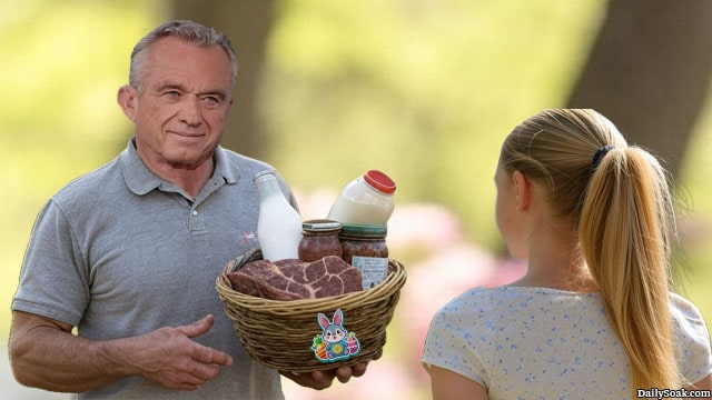 RFK Jr. giving his grandkid an Easter basket of steak, raw milk, and beef tallow.