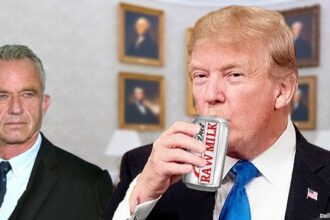Donald Trump drinking a can of Diet Coke labeled "Raw Milk" in front of RFK Jr.