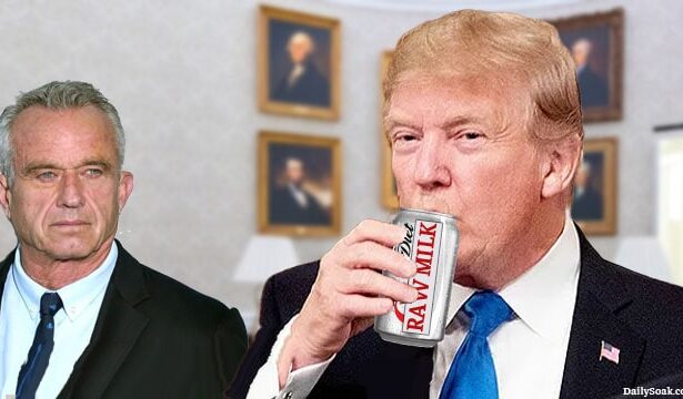 Donald Trump drinking a can of Diet Coke labeled "Raw Milk" in front of RFK Jr.