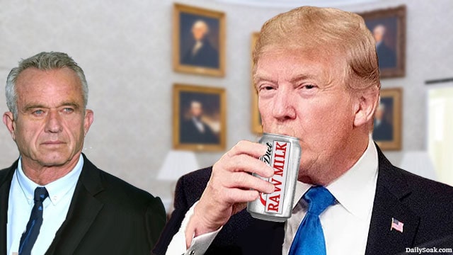 Donald Trump drinking a can of Diet Coke labeled "Raw Milk" in front of RFK Jr.