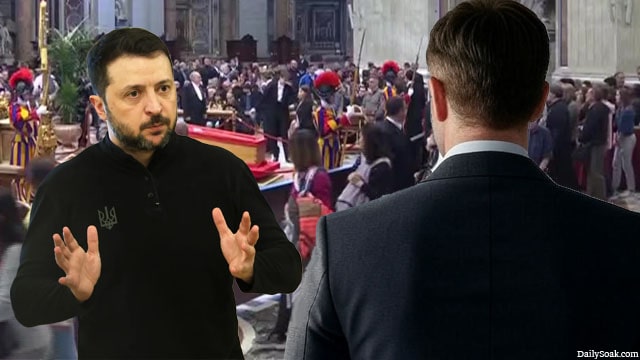Volodymyr Zelensky at Pope Francis' funeral asking for donations to Ukraine.