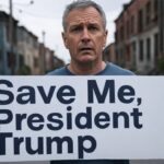 California citizen refugee holding up a sign that reads "Save Me, President Trump."