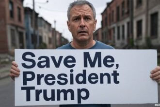 California citizen refugee holding up a sign that reads "Save Me, President Trump."