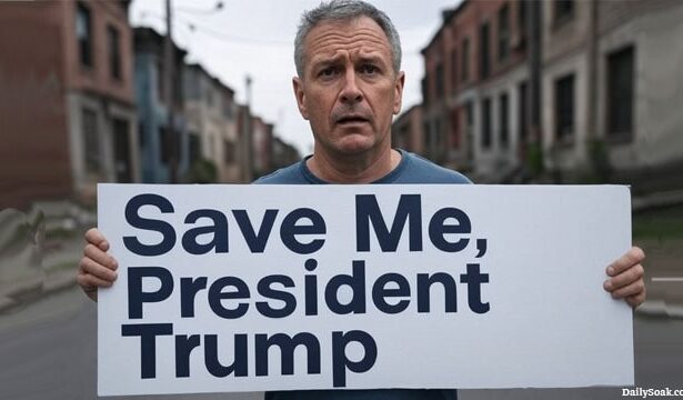 California citizen refugee holding up a sign that reads "Save Me, President Trump."