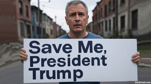 California citizen refugee holding up a sign that reads "Save Me, President Trump."
