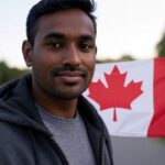 Indian man waving a Canada flag.