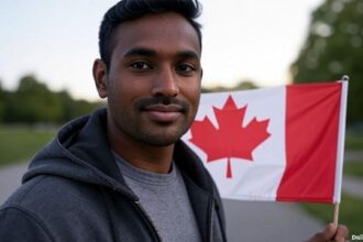 Indian man waving a Canada flag.