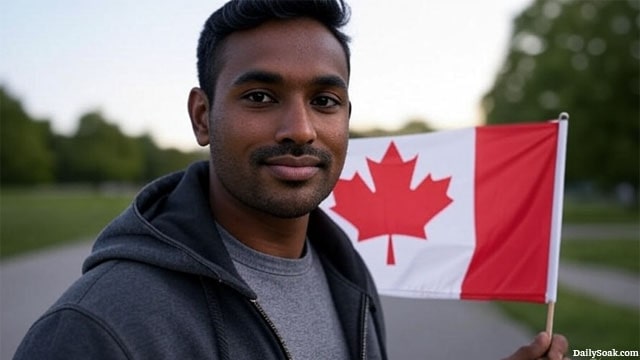 Indian man waving a Canada flag.