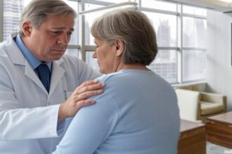 Canadian doctor giving patient bad news in a medical setting.