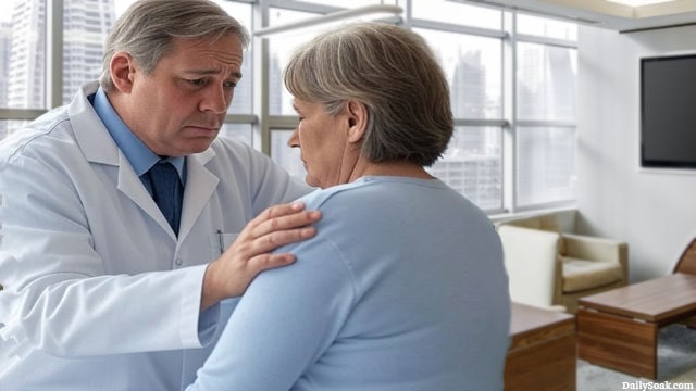 Canadian doctor giving patient bad news in a medical setting.