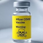 Pfizer COVID vaccine vial with a skull and crossbones symbol.