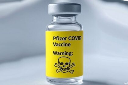 Pfizer COVID vaccine vial with a skull and crossbones symbol.