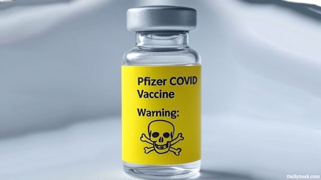 Pfizer COVID vaccine vial with a skull and crossbones symbol.