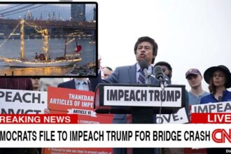 Democrats protesting against Donald Trump after filing articles of impeachment for Mexican Navy ship crash into Brooklyn Bridge.