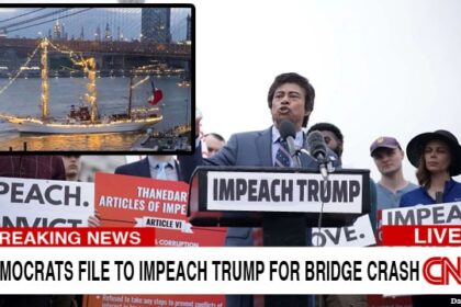Democrats protesting against Donald Trump after filing articles of impeachment for Mexican Navy ship crash into Brooklyn Bridge.