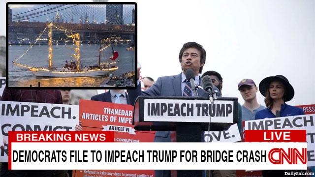 Democrats protesting against Donald Trump after filing articles of impeachment for Mexican Navy ship crash into Brooklyn Bridge.