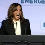 Kamala Harris giving a speech about Trump to the nation at an event in California.