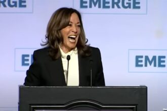 Kamala Harris giving a speech about Trump to the nation at an event in California.
