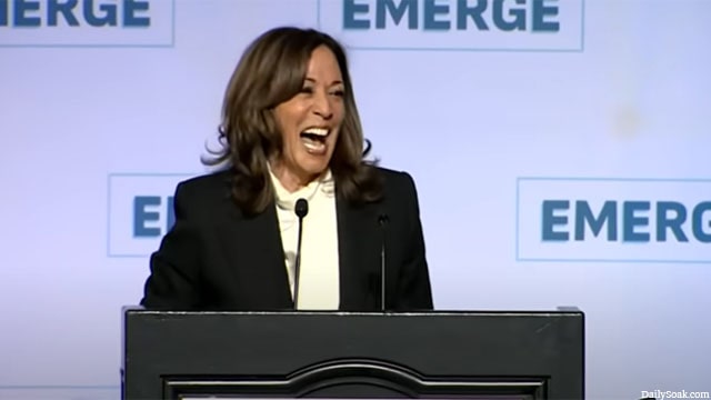 Kamala Harris giving a speech about Trump to the nation at an event in California.
