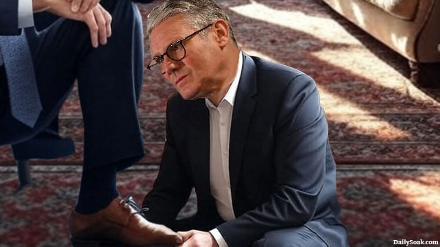 UK Prime Minister Keir Starmer polishing a EU leader's shoes.