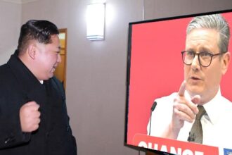 Kim Jong Un watching UK Prime Minister Keir Starmer on TV.