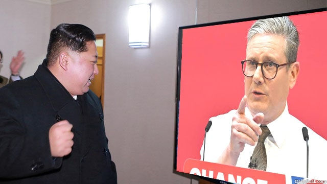 Kim Jong Un watching UK Prime Minister Keir Starmer on TV.