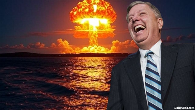 Warmonger Lindsey Graham laughing at a nuclear explosion.