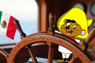 Speedy Gonzales driving a Mexican Navy ship crashing into New York Brooklyn Bridge.
