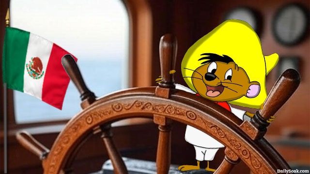 Speedy Gonzales driving a Mexican Navy ship crashing into New York Brooklyn Bridge.