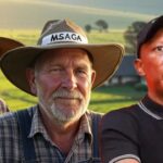 South African leader Julius Malema standing in front of two White Afrikaner Boer farmers.