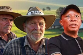 South African leader Julius Malema standing in front of two White Afrikaner Boer farmers.