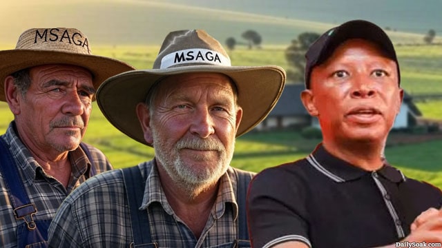 South African leader Julius Malema standing in front of two White Afrikaner Boer farmers.