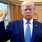 Donald Trump in the White House holding a China eggroll.