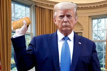 Donald Trump in the White House holding a China eggroll.