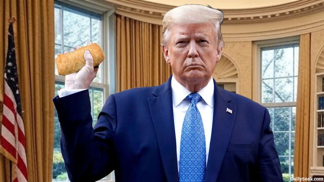 Donald Trump in the White House holding a China eggroll.