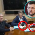 Ukraine President Zelensky watching world leaders Starmer, macron, and Merz having coke party.