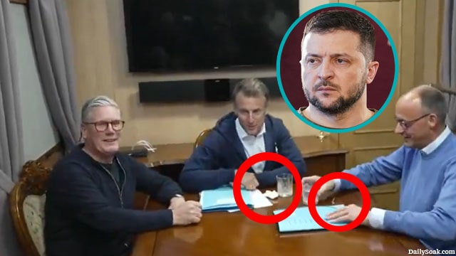 Ukraine President Zelensky watching world leaders Starmer, macron, and Merz having coke party.
