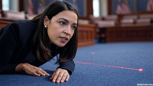 AOC in Congress chasing a red laser pointer like a cat.