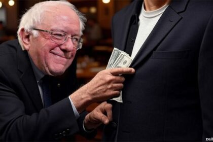 Bernie Sanders taking money out of someone's pocket inside of a restaurant.