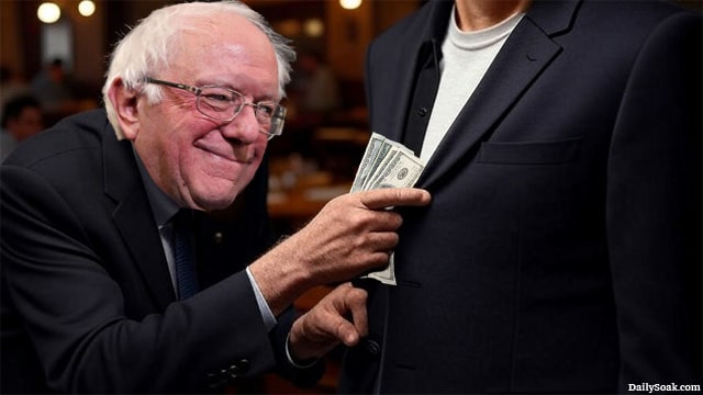 Bernie Sanders taking money out of someone's pocket inside of a restaurant.