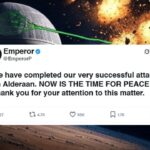 Emperor Palpatine and Death Star blowing up Alderaan in Star Wars.