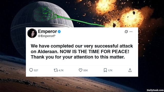 Emperor Palpatine and Death Star blowing up Alderaan in Star Wars.