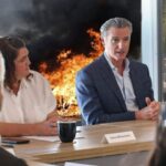 Gavin Newsom holding a meeting discussing Trump as the LA riots rage behind him.