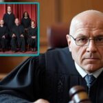 Lower court judge wearing black robe inside a courtroom with an inset of the Supreme Court.