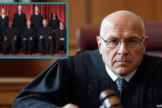 Lower court judge wearing black robe inside a courtroom with an inset of the Supreme Court.
